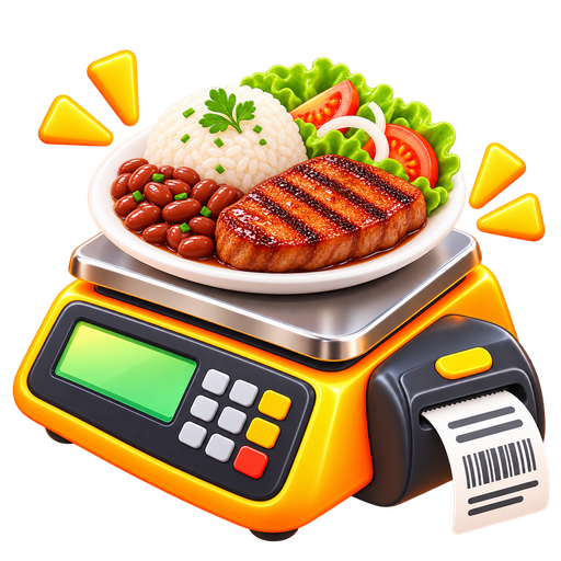 Balança digital com prato de comida e impressão automática